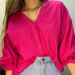 Women's Blouses Fashion 2023 Long Sleeve Beautiful Tops Women Clothes Single Breasted Slim Shirts Pure Vintage Female V-neck Blouse And