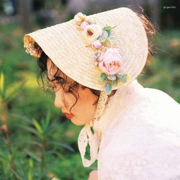 Wide Brim Hats Sweet Lolita Lace Flower Ribbon Sunshade Straw Hat Japanese Women Girls Pastoral Style Flat Weaving