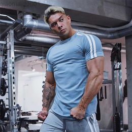 Men's T-Shirts NEW Running Sport T-shirt Men Skinny Cotton Slim Shirts Gym Fitness Training Elastic Mens Tee Tops Male Jogging Workout T Shirt L230713