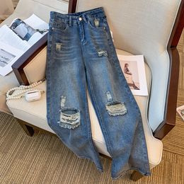 Do Old Hole American Vintage Blue Jeans Womens Spring Summer Casual Fashion Straight Neutral Denim Trousers