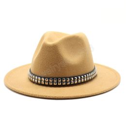 Winter wool Fedoras For Women Wide Brim Felt Hat Ladies Tweed Yellow white Jazz Cap Female Solid color Winter Elegant Hat