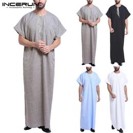 Muslim Dress Kaftan Men Abaya Short Sleeve Print Vintage Robes Saudi Arabia Dubai Arab Islamic Jubba Thobe264P