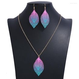 Necklace Earrings Set Colorful Double Leaf For Women Hollow Geometric Delicate Vintage Boho Long Pendant Drop Dangle