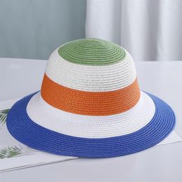 Wide Brim Hats 2023 Summer Women's Bucket Hat Straw Rainbow Foldable Fashion Panama Casual Female Beach Sun Visor Cap