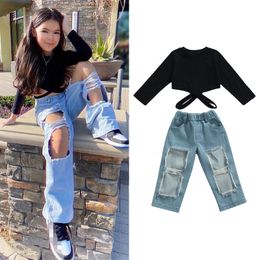 Tshirts 27years Kids Girls Spring Fall Sets Solid Black ONeck Long Sleeve Hollow Out Tops Ripped Jeans Set For 230713