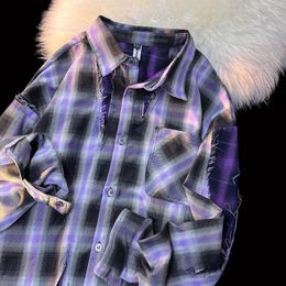 Men's Hoodies American Retro Plaid Patchwork Purple Shirt Casual Tops Men Sweatshirts High Street Couples 2023 Trendy Streetwear