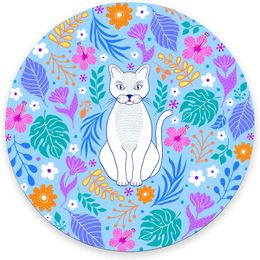 White Cat with Colourful Floral Round Mouse Pad Gaming Mouse Mat Waterproof Circular Mousepad Non-Slip Rubber Base for Office