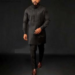 Men's Tracksuits 2023 New Simple Men's Suit Solid Colour Hot Brick Jacket Pants 2-piece Set Long-sleeved Round Neck Social African Ethnic Style T230714