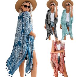 2023 Women's Shirt European American seaside vacation printed tassel cover up casual medium length loose beach cardigan Blouses