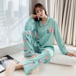 Women's Sleepwear Fashion Print Cotton Ice Silk Women Pajamas Set Spring Autumn Nightwear Home Suit Pajama Female