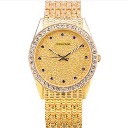 Treasureboat Brand Fashion Mens Watches Luxury Gold Diamond Quartz Watch Bright and Transparent Dial Comfortable Band Wristwatches262h