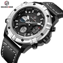 GOLDENHOUR Top Brand Sport Watch Business Men Wristwatch Genuine Leather Strap Mens Saat Waterproof Male Clock Relogio Masculino2661