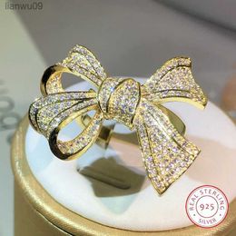 925 Sterling Silver Exquisite Birthday Bow Fashion Jewelry Yellow Gold Bow Ring and White Zircon Ring Ladies Party Jewelry L230704