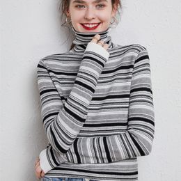 Women's Sweaters Autumn Winter National Wind High Collar Knit Pullover Sweater Women Loose Casual Color Striped Long-Sleeved Bottoming Shirt