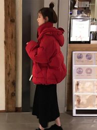 Women's Trench Coats Cute Sweet Girl Christmas Holiday Red Coat Winter Fashion Black White Jacket Thick Warm Cotton Bread Kawaii Hooded