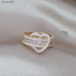 14K Gold Plating Luxury Love Zircon Ring Korea New Design Fashion Jewelry Elegant Women's Party Opening Adjustable Accessories L230704