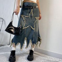 Skirts Star Patchwork Skirt Y2K Women Streetwear Denim Midi Long Dress Vintage High Waist Straight Grunge Jeans Girl Maxi