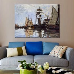 Impressionist Canvas Art Boats in The Port of Honfleur Handmade Claude Monet Painting Landscape Artwork Modern Living Room Decor
