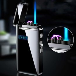 New Tiktok Metal Windproof Electric USB Lighter Torch Turbo Dual Arc LED Plasma No Gas Chargeable Butane Pipe Cigar 6AEY