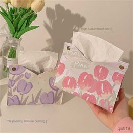 Tissue Boxes Napkins Tulip Patter Tissue Box PU Leather Paper Napkin Holder Home Living Room Decoration Desktop Table Napkin Storage Box Tissue Case R230714