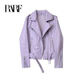 Jackets 2022 New Spring Autumn Women Blue Faux Leather Jacket Ladies Solid with Belt Zipper Biker Coat Female Casual Outwear Veste Femme