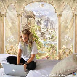 Tapestries Dome Cameras Viewing Platform Tapestry Ancient Rome Middle Ages Column Mountain Forest Castle River City Peacock Swan Wall Hang R230714
