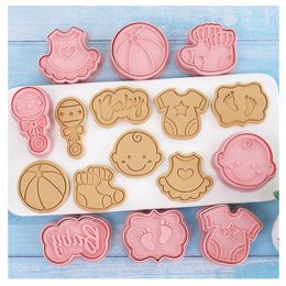 Baking Moulds 1/8pcs Baby Shower Cookie Cutters 3D Bear Feeding Bottle Biscuit Embossing Cutter Cute Cartoon Stamp For Kids DIY Birthday