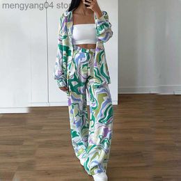 Women's Two Piece Pants Women's Fashion Casual Suit Loose Long Sleeve Print Shirt Tank Top Wide Leg Pants Versatile Commuting Temperament Two Piece Set T230714