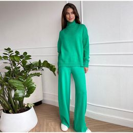 Women's Sweaters DISCVRY Women Turtleneck Knitted Sweater Set Casual Solid High Waist Wide Leg Pant Suit Fashion Lady Knitwear Outfit
