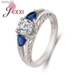 Authentic 925 Sterling Silver Blue Heart Shape Shiny Crystal Promise Finger Rings For Women Christmas Luxury Jewelry Accessory L230704