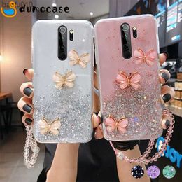 Bling Butterfly Glitter Lanyard Silicone Phone Case for Xiaomi Redmi 9C 9A Note11 10 9 8 Pro Poco M3 X3 M4 Pro Shiny Cover Coque L230619