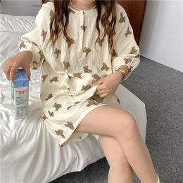 Women's Sleepwear Korean Kawaii Summer Pyjamas Set Women Long Sleeve Shirts Shorts Two Piece Home Suit Cotton Casual Bear Clothes