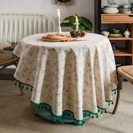 Table Cloth Cotton Linen Tablecloth Pastoral Floral Christmas Printed Round Lace Edge For Dining Room Cover 150cm Diameter