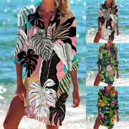 Women's Blouses Tropic Plant Print Blouse Button Up Long Sleeve Shirts For Women Fashion Bohemian Loose Beach Sunscreen Tops
