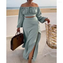 Two Piece Dress Women Autumn Ruched Lantern Sleeve Off Shoulder Crop Top & Side Slit Maxi Skirt Set Long Pieces Outfits