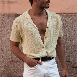 Men's T-Shirts Men T-shirt Solid Colour Knitted Summer Short Sleeve Lapel Buttons Cardigan for Dating L230713