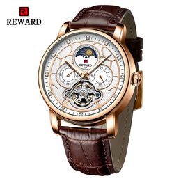 REWARD Men Dress Watch Automatic Mechanical Wristwatch Genuine Leather Luminous Tourbillon Wrist Watches Gift for Father Husband