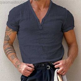Men's T-Shirts Casual Slim V Neck Buttoned T Shirts Mens Cotton Linen Tops Summer New Fashion Pure Color Short Sleeve T-shirt Leisure Men Tees L230713