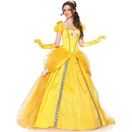 2019 Fashion Costumes Women Adult Belle Dresses Party Fancy Girls Flower Yellow Long Princess Dress Female Anime Cosplay2930