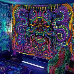 Tapestries Black Light Tapestry UV Reactive Psychedelic DJ Hippie Wall Hanging Decor for Bedroom Dorm Indie Room Decoration 230713