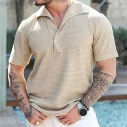 Men's T-Shirts 2023 Summer Short Sleeve Waffled Casual Polo Shirt Men Fashion Solid Colour Loose Buttoned Lapel T Shirt Mens Clothes Streetwear L230713