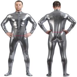 Men's Body Suit Costumes Front Long Zipper Silver Grey Shiny Lycra Metallic Men Catsuit Costume Outfit No Head Hand Halloween2406