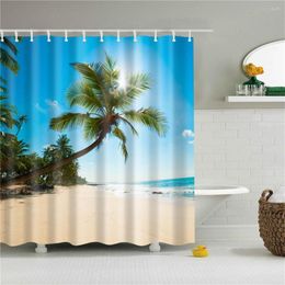 Curtain Ready-made Seaside Beach Sea Wave Coconut Tree Waterproof Shower Curtains Transparant Plastic For Bathroom Fabric Hooks Rings