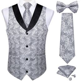 Men's Vests Classic Gray Paisley V-neck Biusiness Vest Pre-tied Bowtie Necktie Pocket Square Cufflinks Set Man Wedding Waistcoat Dress