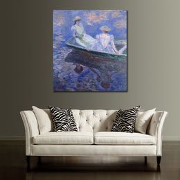 Canvas Art Hand Painted Oil Paintings of Claude Monet Young Girls in A Row Boat Garden Landscape Artwork for Restaurant Decor