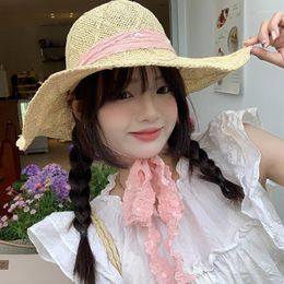 Wide Brim Hats Japanese Sweet Hand-woven Pink Bow Streamer Straw Hat Women's Summer Vacation Beach Big Eaves Sun Protection Cap