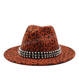 Unisex Wool Felt Jazz Fedora Hats with Leopard Grain Belt Women Men Wide Brim Panama Trilby Formal Hat