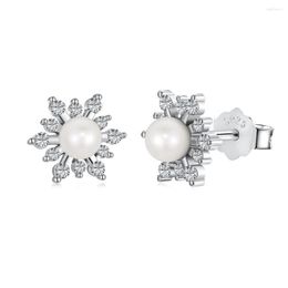 Stud Earrings S925 Sterling Silver Women Natural Pearl Sunflower Female Shiny Zircon Luxury Jewellery Gift Lady Party Banquet