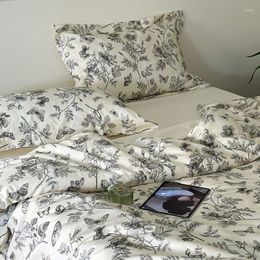 Bedding Sets Egyptian Cotton Set Butterfly Flower Plant Pattern Duvet Cover Soft Flat/Fitted Bed Sheet Pillowcases 4Pcs