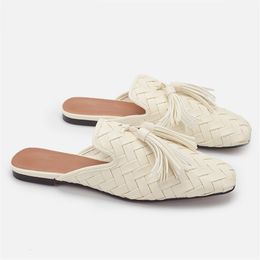 Women Summer Square Slippers Mules Toe Fringed Flat Shoes Woman Tassels Sandals Woven Comfortable White Beach Slides 23071 91